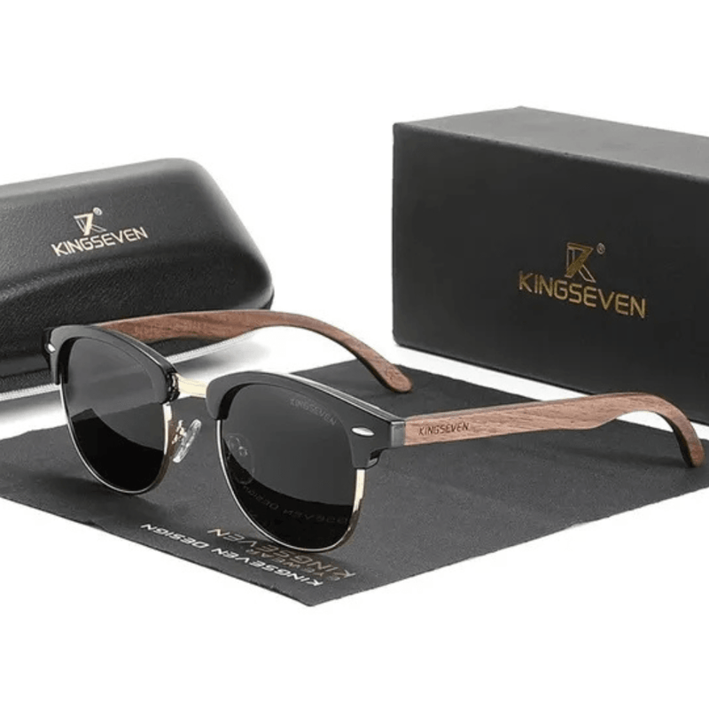 Óculos de Sol KINGSEVEN: Estilo Retro e Proteção Premium em Madeira Nogueira Preta