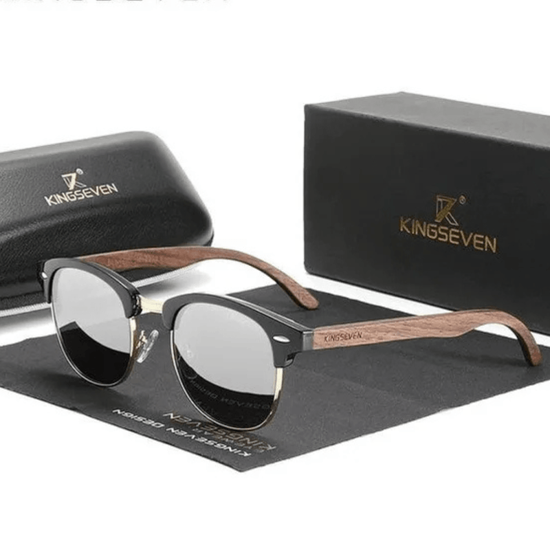 Óculos de Sol KINGSEVEN: Estilo Retro e Proteção Premium em Madeira Nogueira Preta